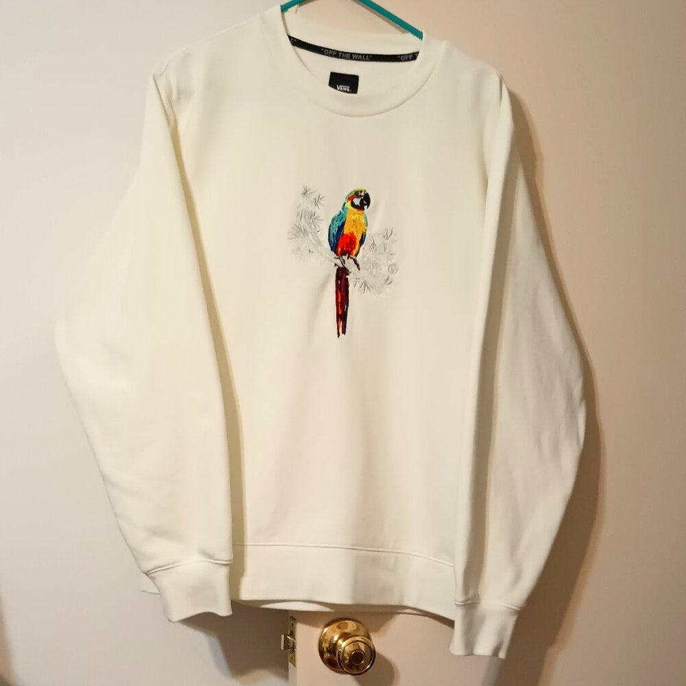 Vans Tropics White‎ Crew Neck Sweatshirt w/ Colorful Parrot Design (Size: Small)
